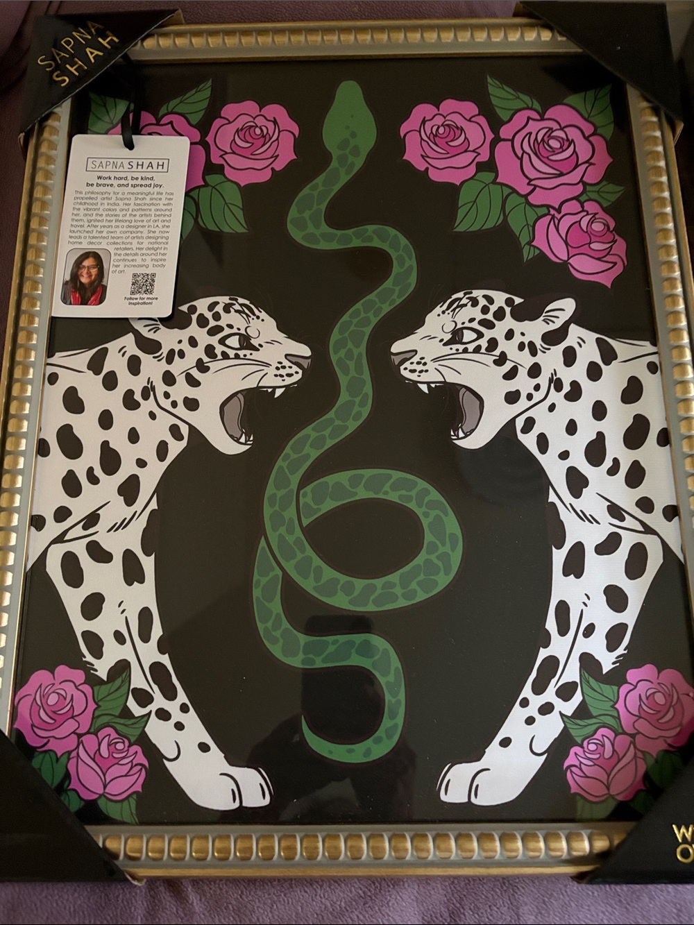 NWT Sapna Shah White  Leopard w/Black Spots & Snake Art Print with Pink Roses